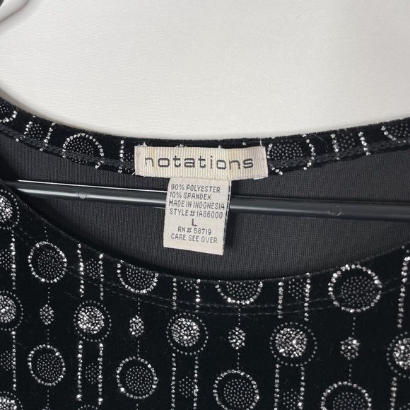 Notations Black Womens Top Velour Sparkle Geometric Silver Glitter L Y2K Party - Picture 3 of 7